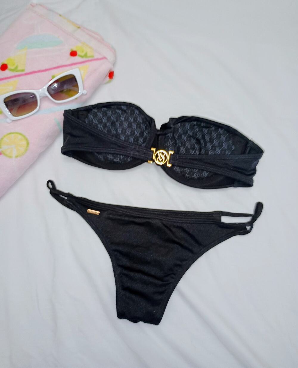 Victoria's Secret - Black VS Logo Ruched Sweetheart Bandeau Bikini Set - Sz S